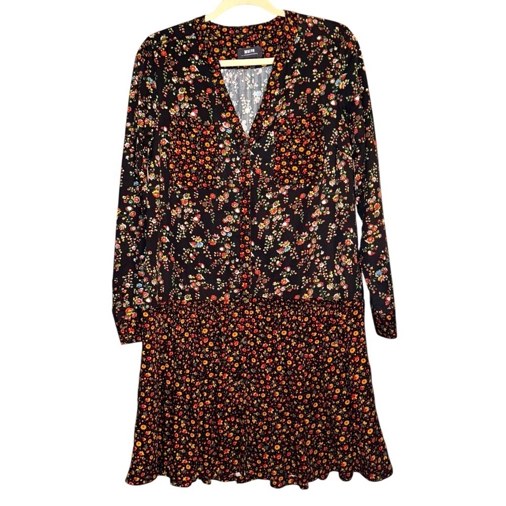 ANTHROPOLOGIE MAEVE Marlie Button Front Black Floral Print Mini Tunic Dress Sz 2 - Picture 4 of 15